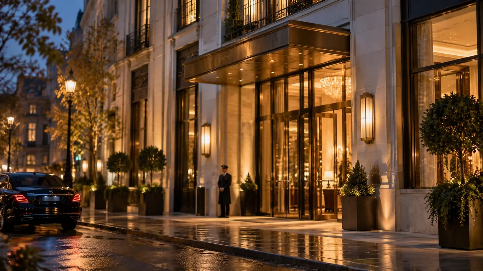 A grand hotel entrance at dusk, lamps lit, a car waiting at the door.