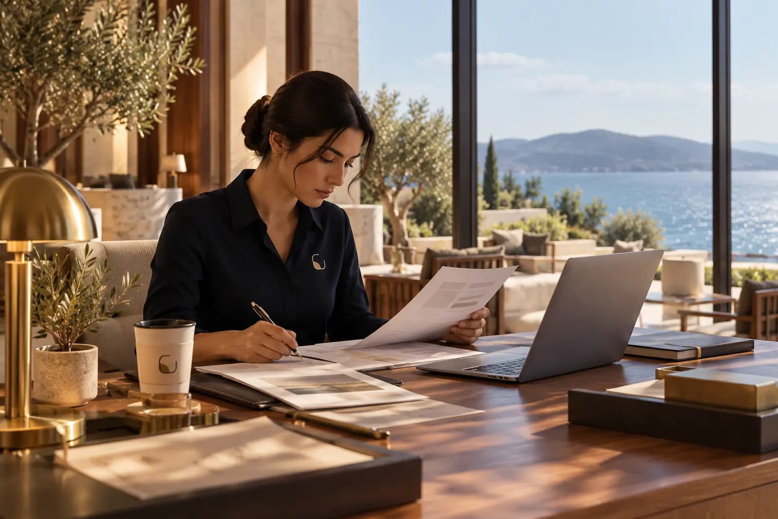 A concierge editor reviewing guest messages by a window over the sea.