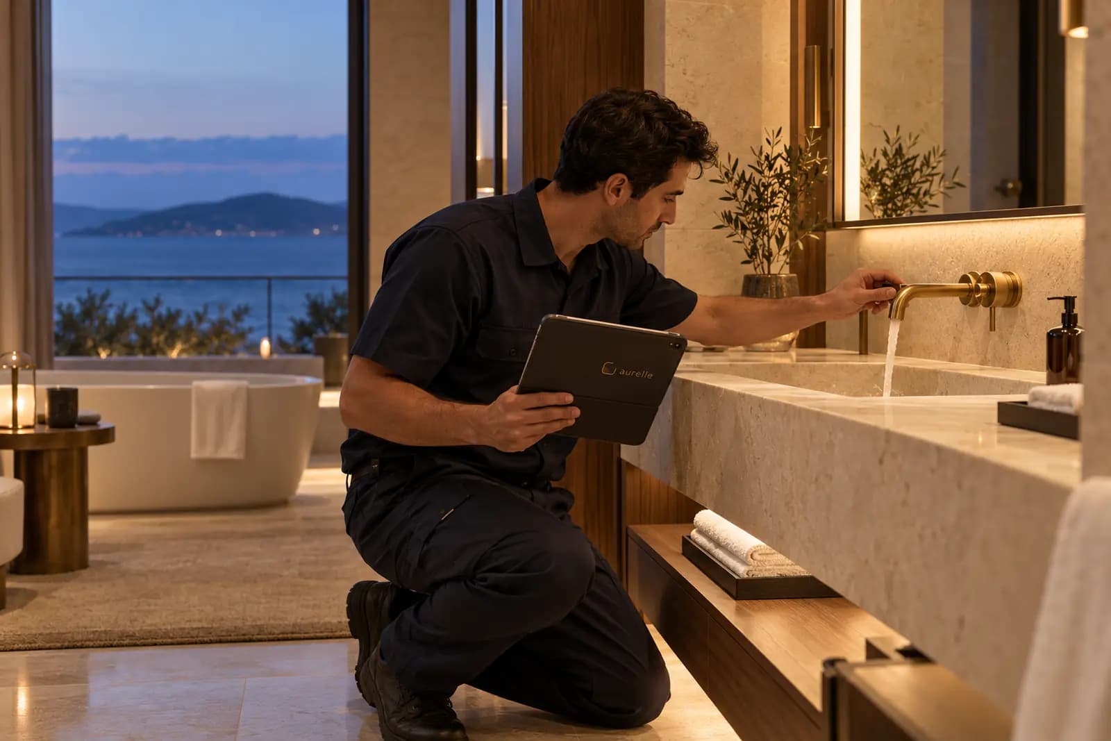 An engineer checking a basin with a tablet in a suite bathroom.