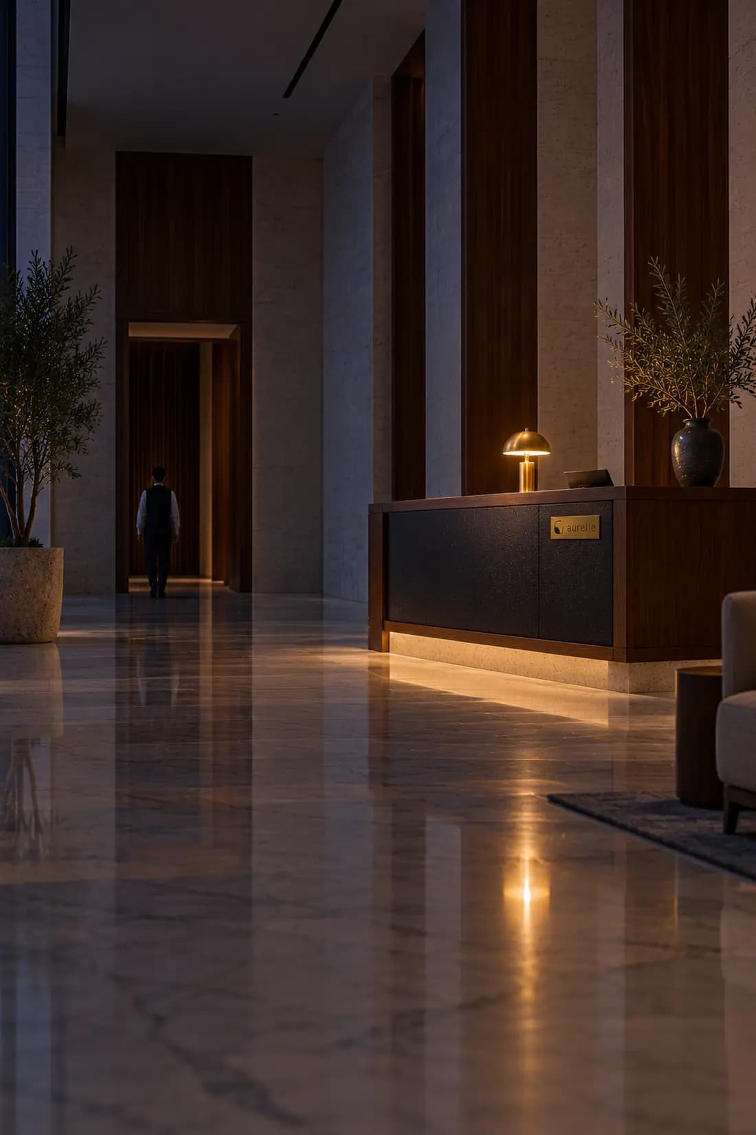 An empty hotel reception late at night, lamps low, the floor reflecting the light.
