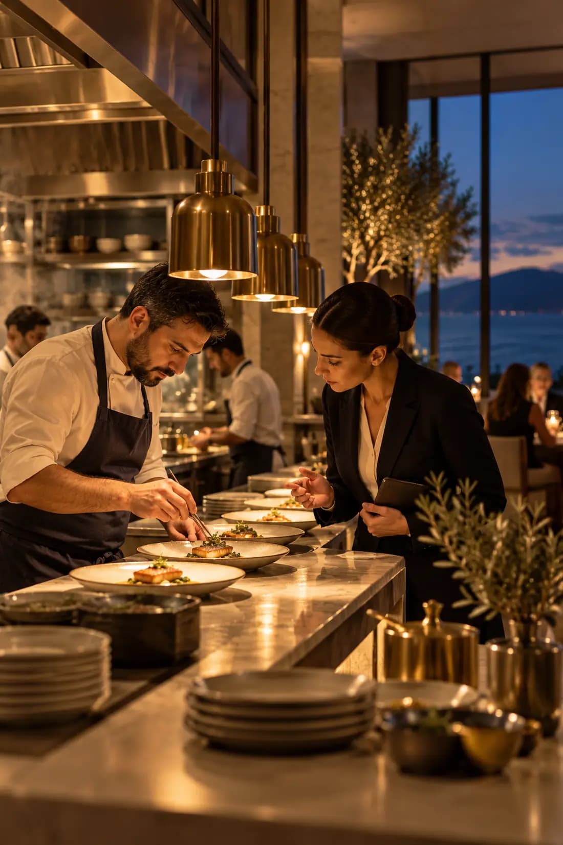 A chef and a manager checking plates at the pass in a hotel kitchen.