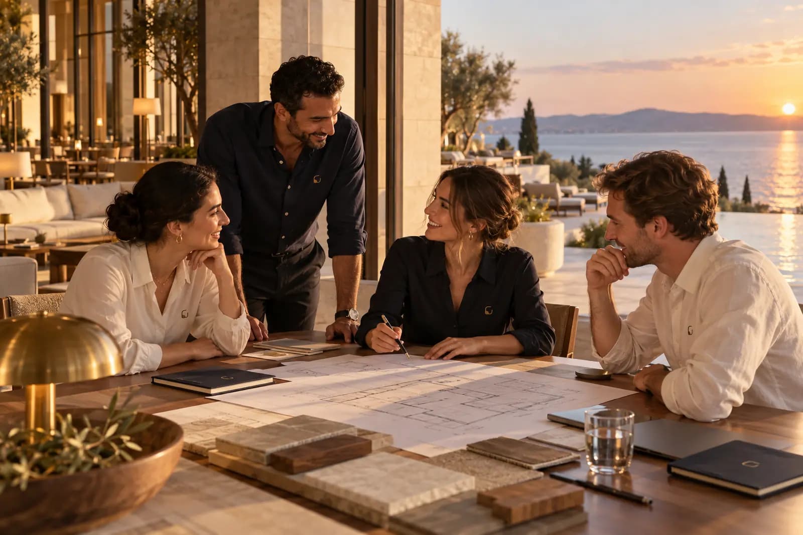 A small team around a table with plans and laptops, the sea at sunset behind them.