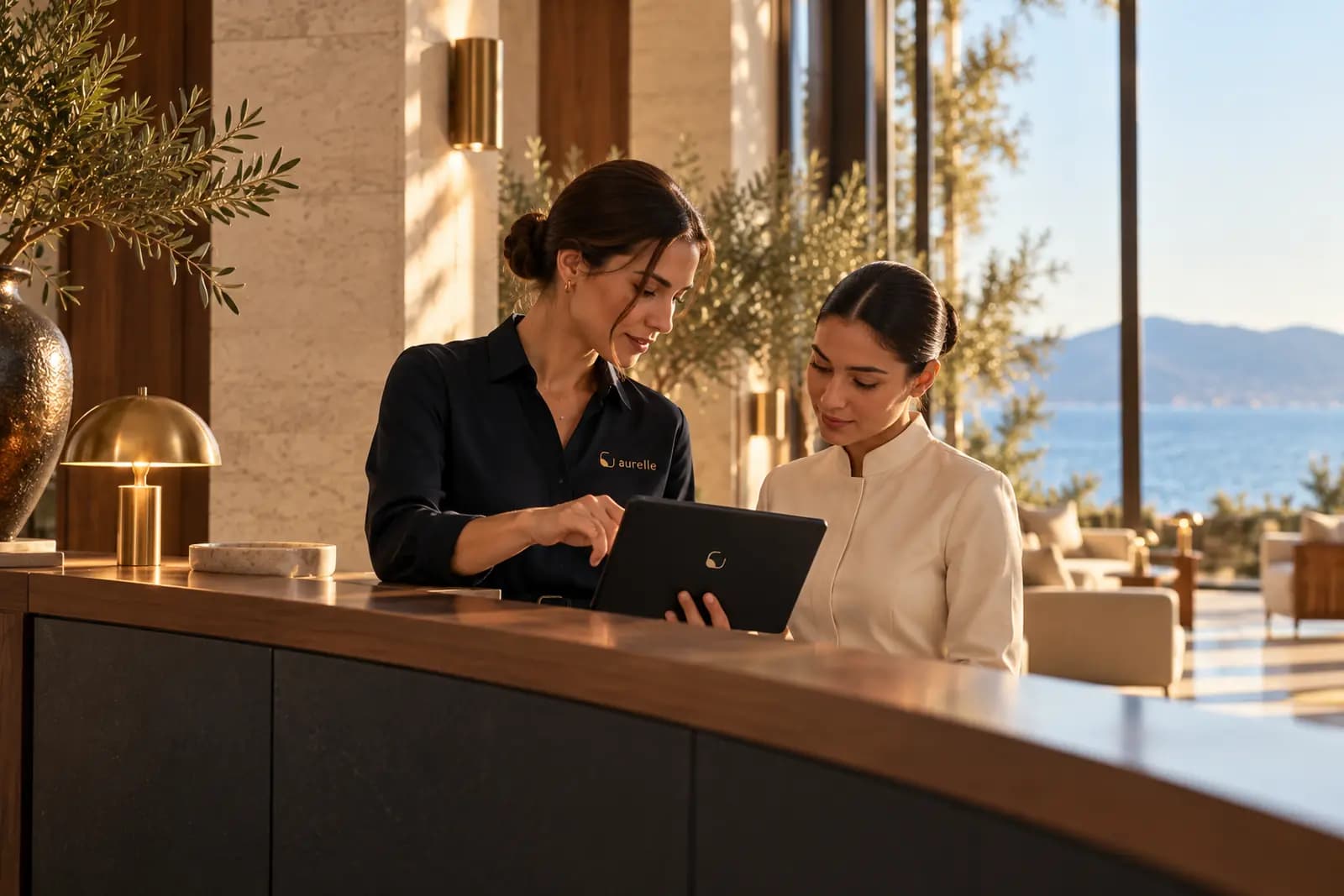 A trainer showing a colleague a tablet at the reception desk.