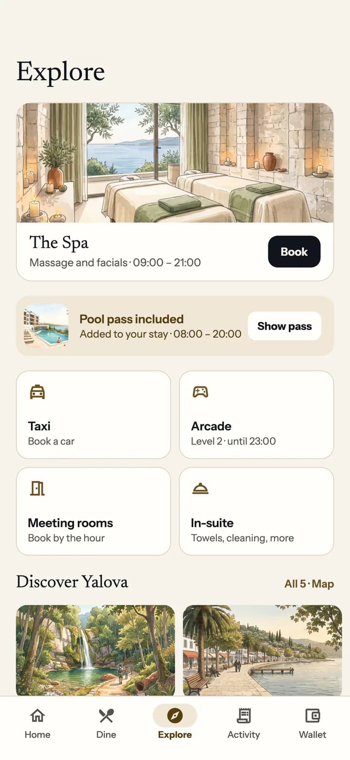 Guest app explore: the spa, the pool pass, taxi, arcade, meeting rooms and places nearby.