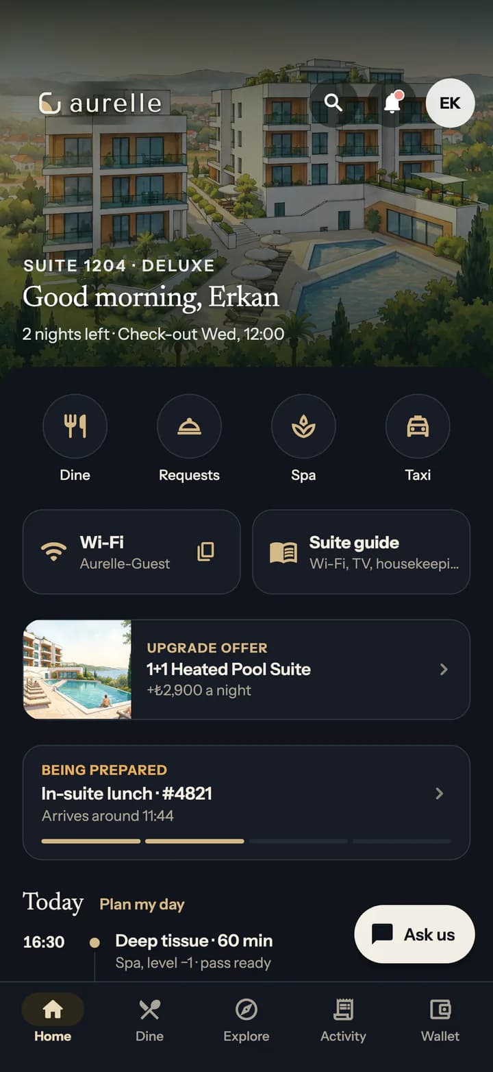 Guest app home in the night theme.