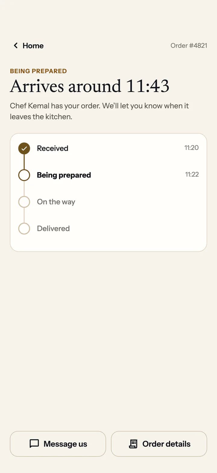 Guest app order tracking: received, being prepared, on the way, delivered, with an arrival estimate.