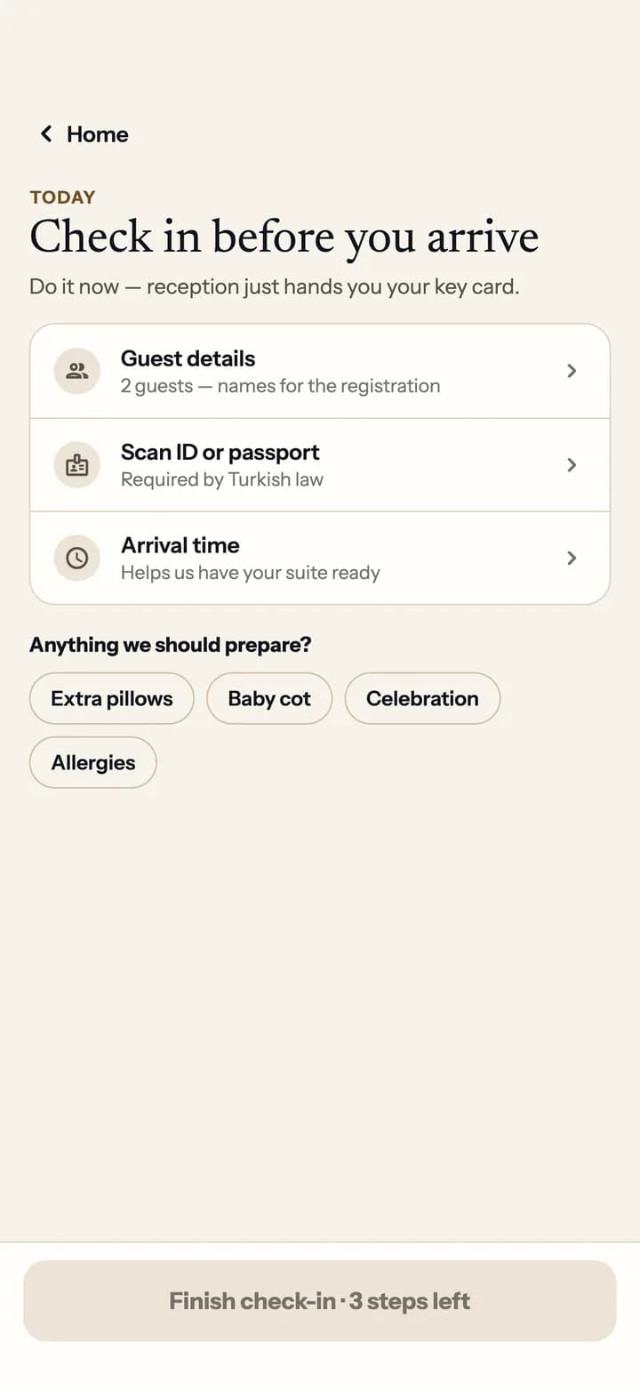 Guest app online check-in: guest details, scan an ID or passport, arrival time and requests to prepare.