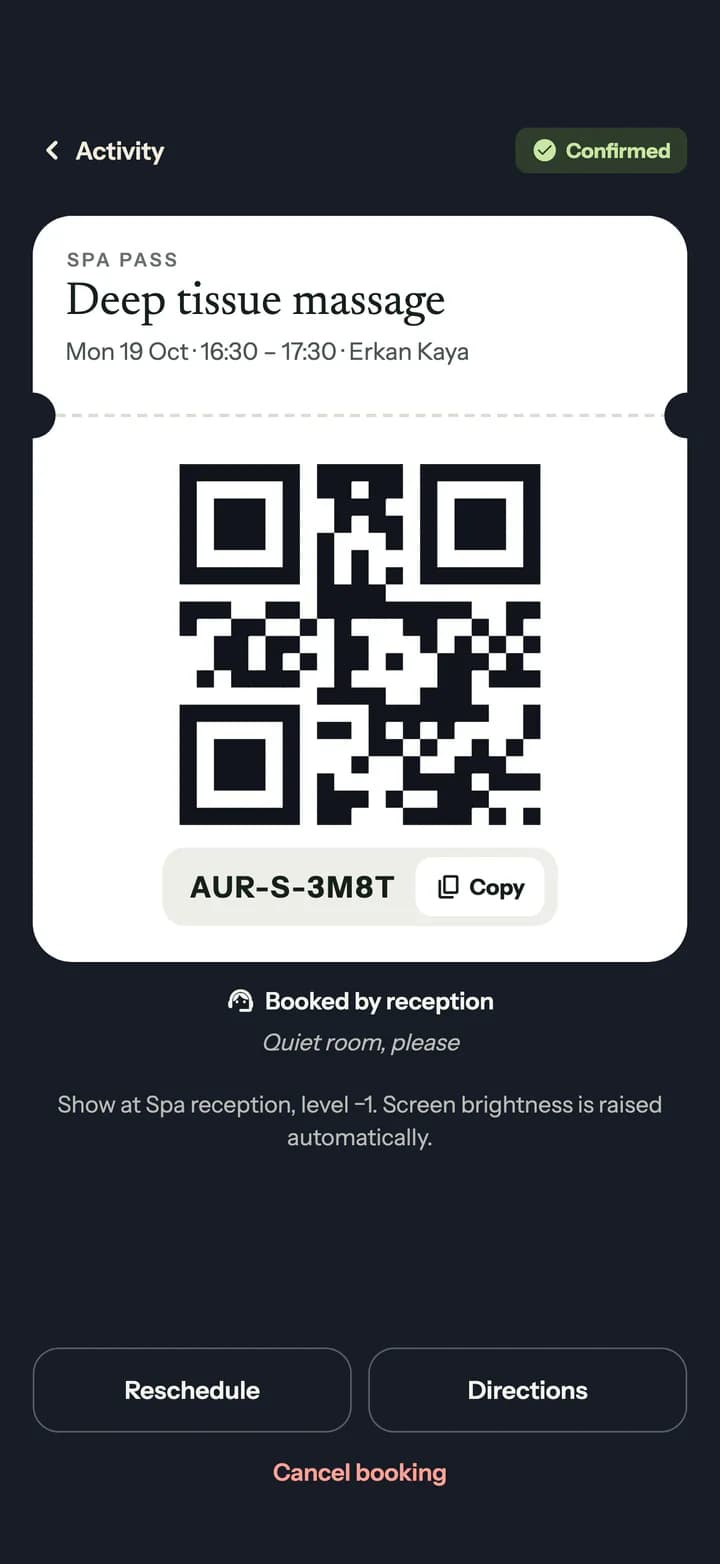 Guest app spa pass with a QR code to show at the spa.