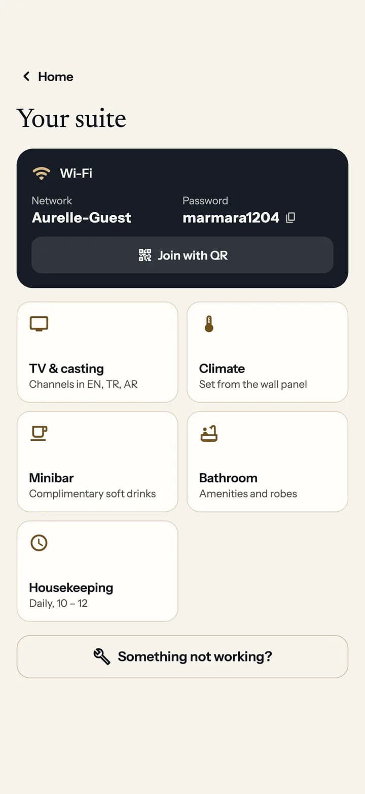 Guest app suite guide: Wi-Fi with a join QR, TV, climate, minibar and housekeeping times.