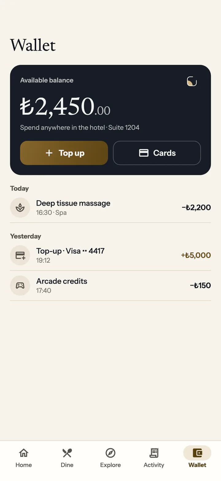 Guest app wallet: balance, top up, saved cards and today’s spend at the spa and arcade.