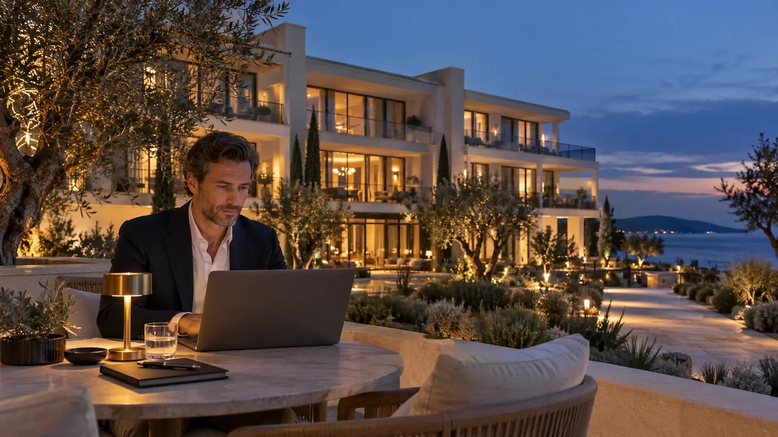 A hotel manager working on a laptop on a terrace at dusk, the hotel lit behind him.