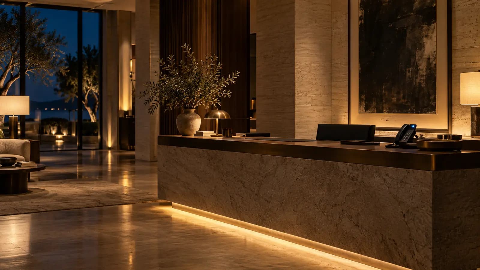 A quiet hotel reception late at night, lamps low, the phone on the desk.