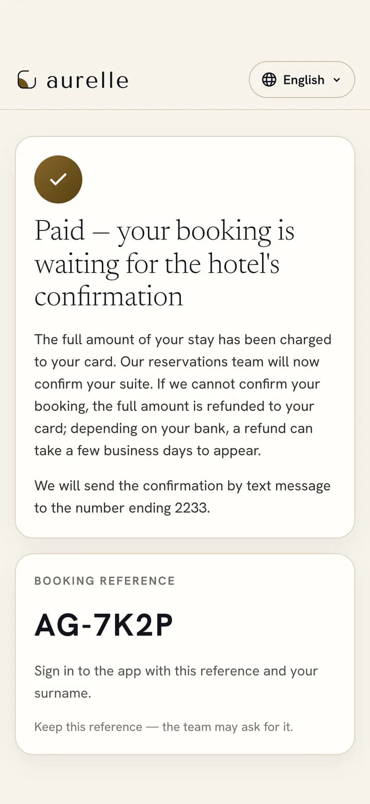 The concierge’s payment page after payment: paid, waiting for the hotel’s confirmation.