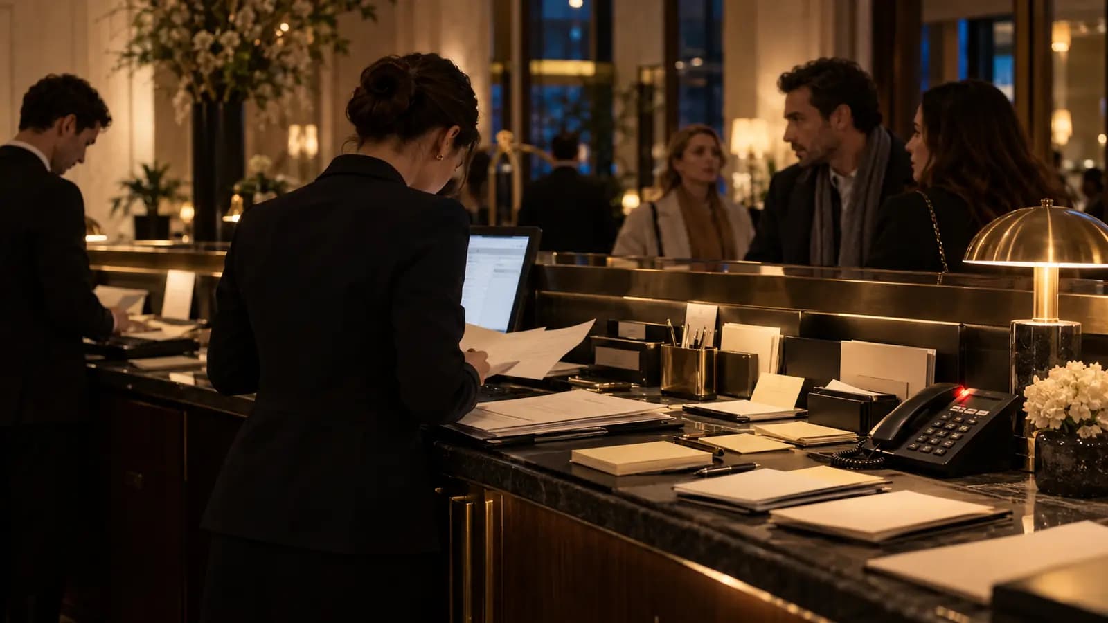 Reception staff at a busy front desk in the evening, a phone ringing beside them.