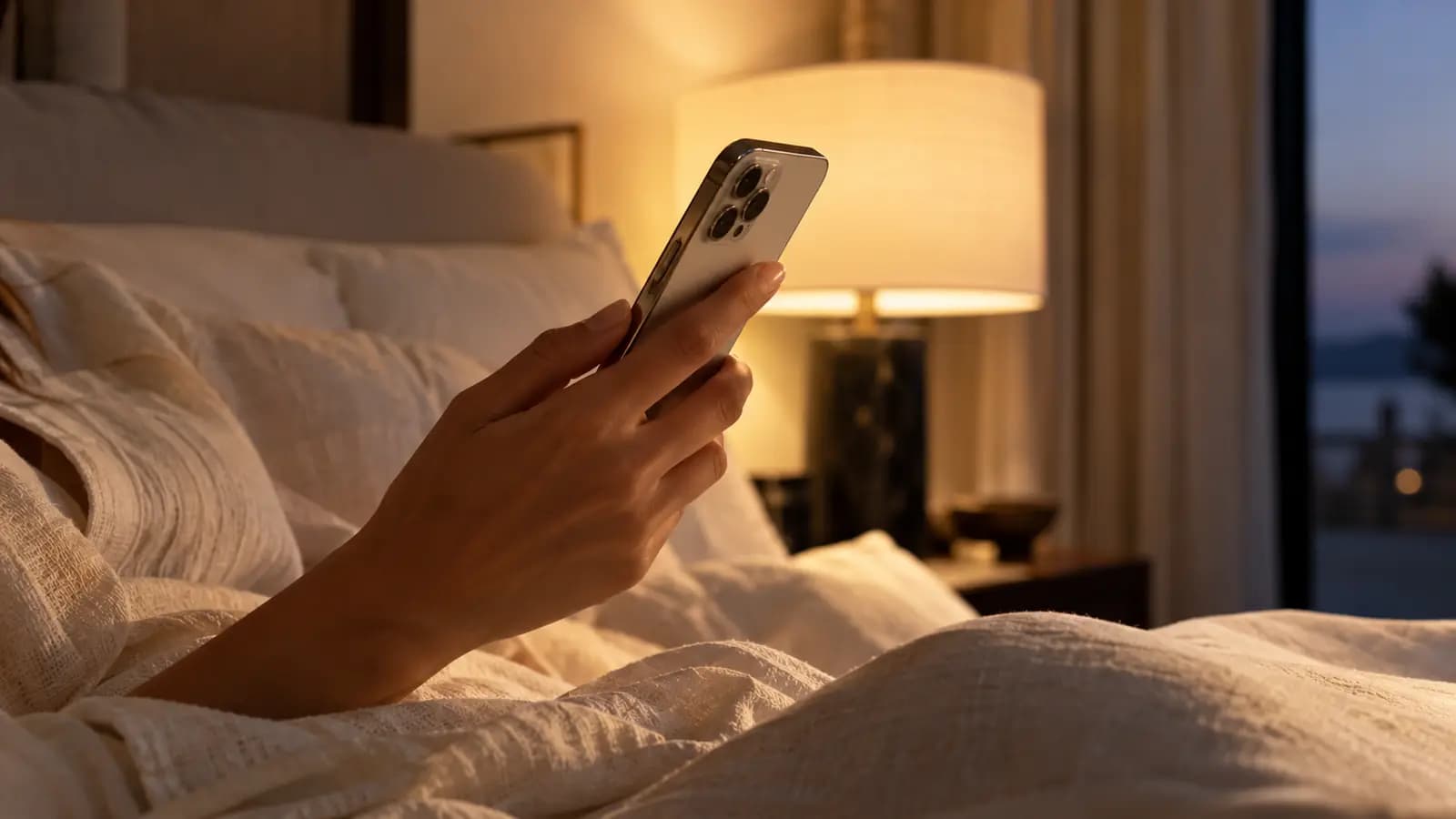A guest’s hand holding a phone in the warm light of a suite.