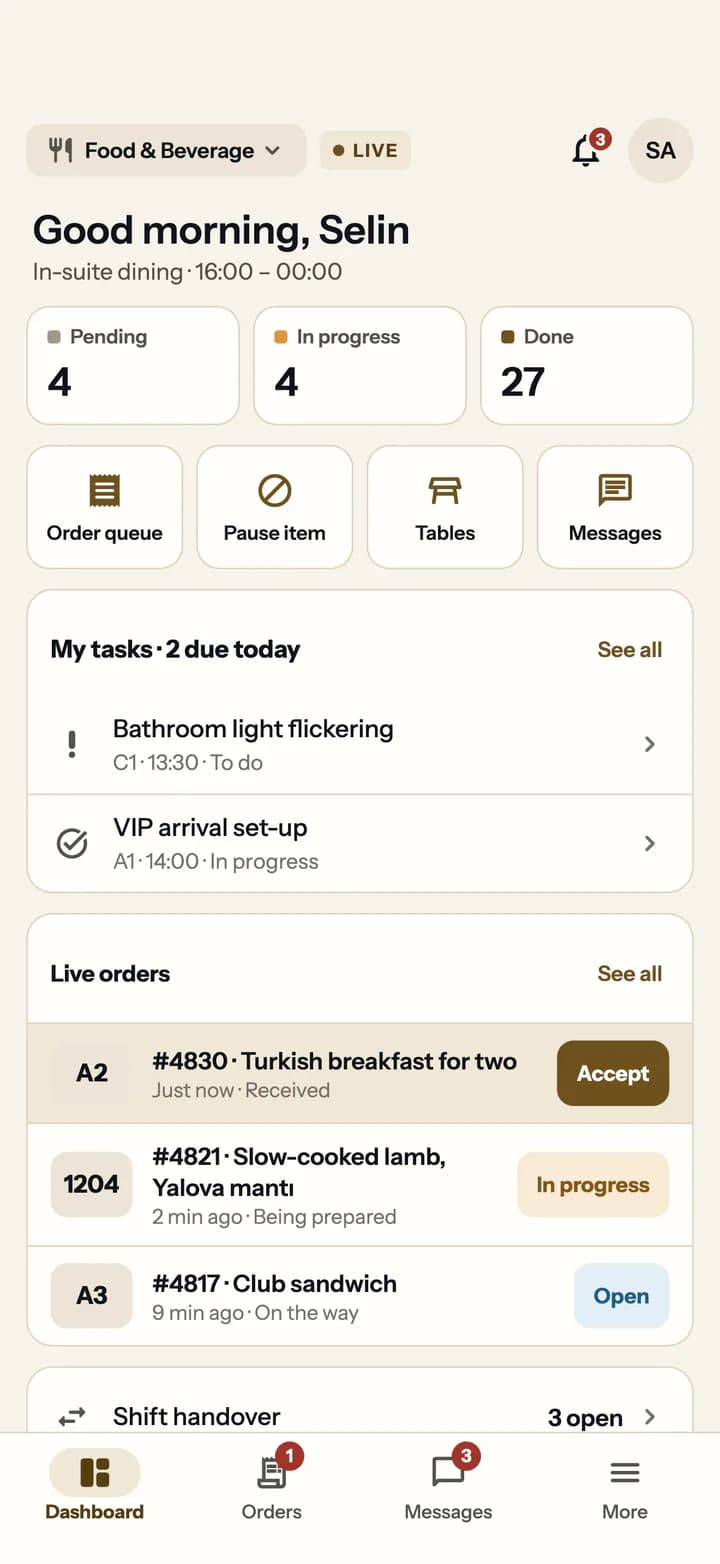 Staff app F&B dashboard: live orders with accept buttons, tasks and quick links to the order queue and tables.