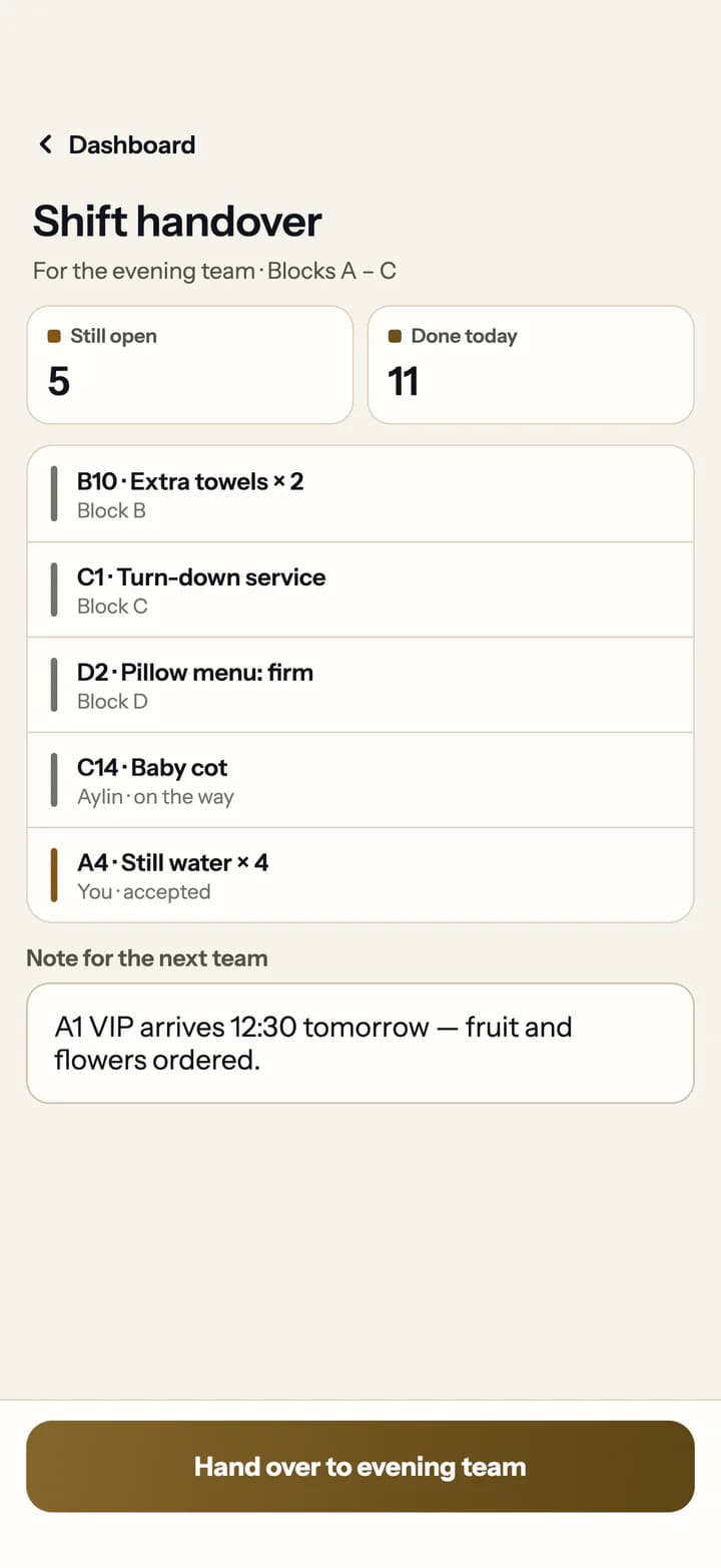 Staff app shift handover: what is still open, what is done and a note for the next team.