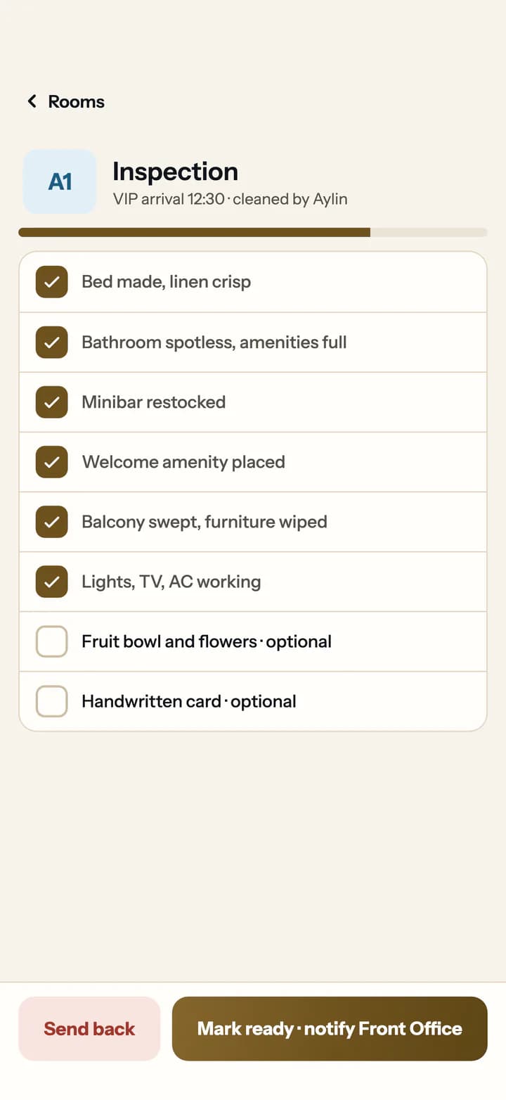Staff app room inspection checklist before a VIP arrival, with send back or mark ready.