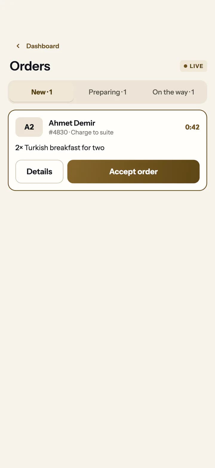 Staff app kitchen queue: a new in-suite order waiting to be accepted, with its timer.