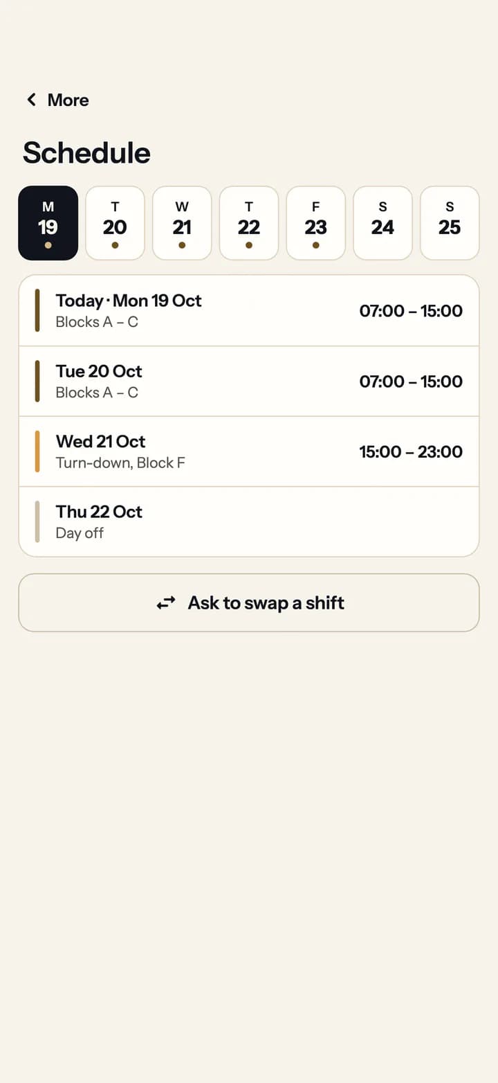 Staff app schedule: this week’s shifts, with a shift swap request.