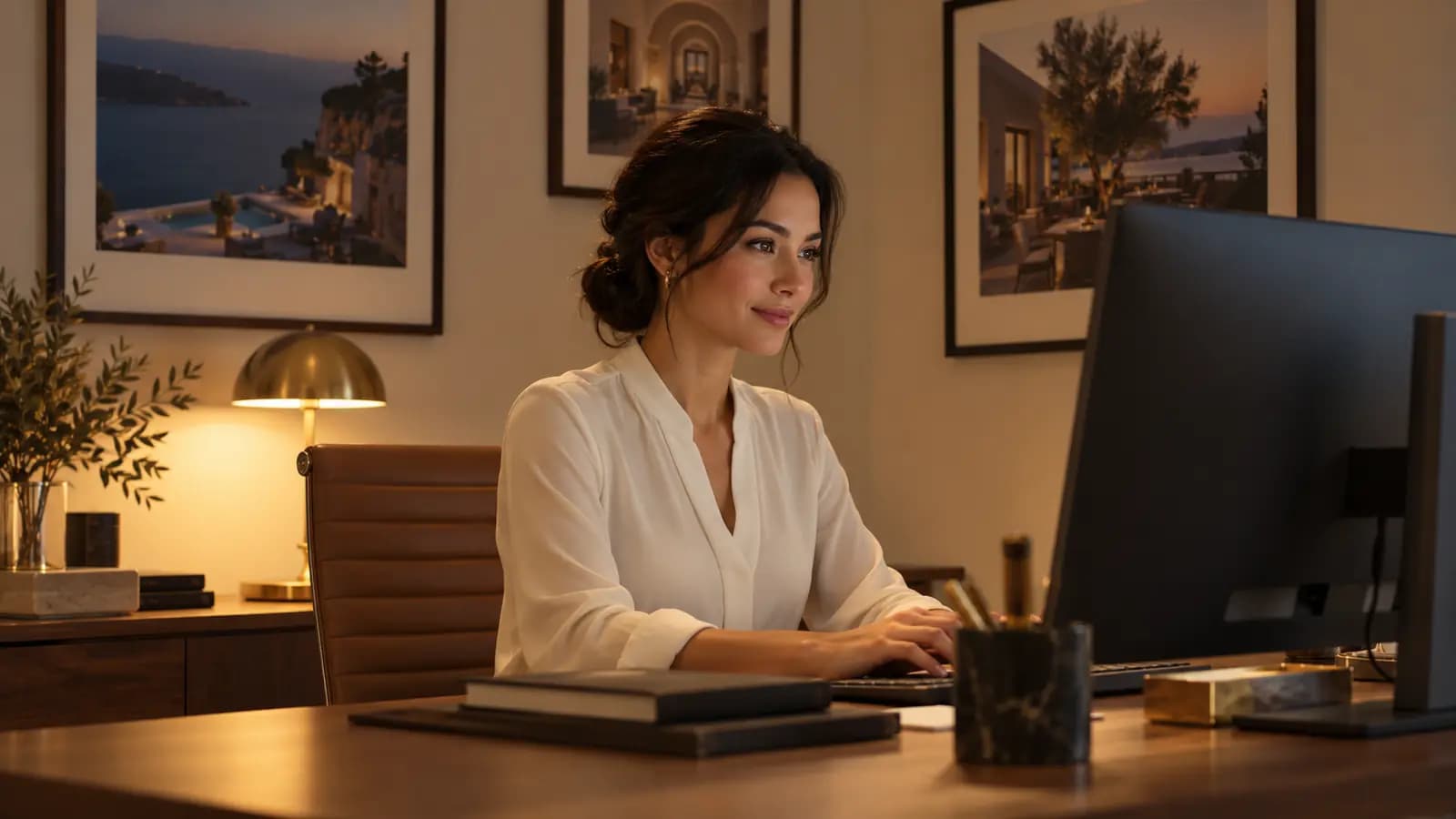 A person at a quiet desk with a large screen, hotel photographs on the wall.
