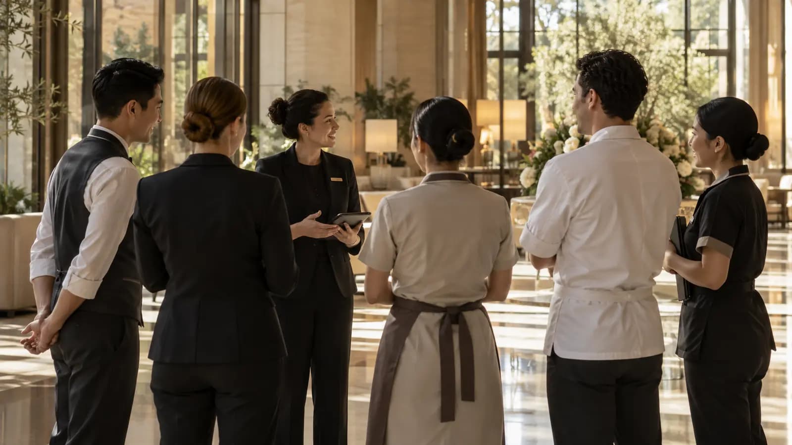 A hotel team from several departments in a morning briefing in a sunlit lobby.