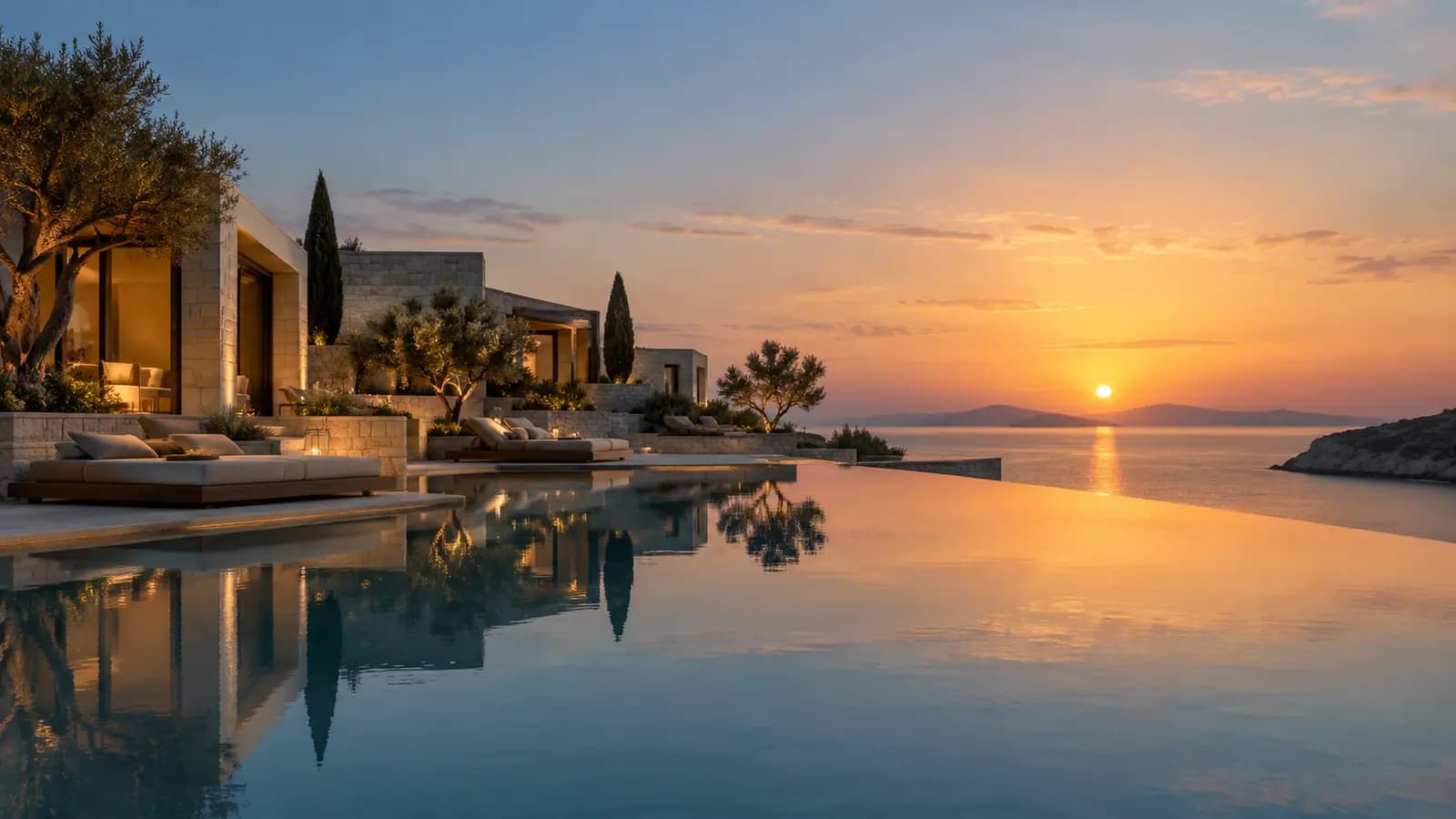 Villas and an infinity pool facing the sea at sunset.