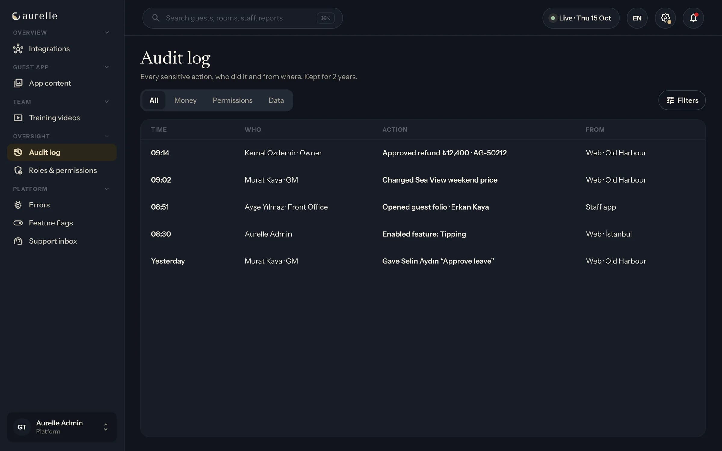 Command center audit log: who changed what, when and from where.