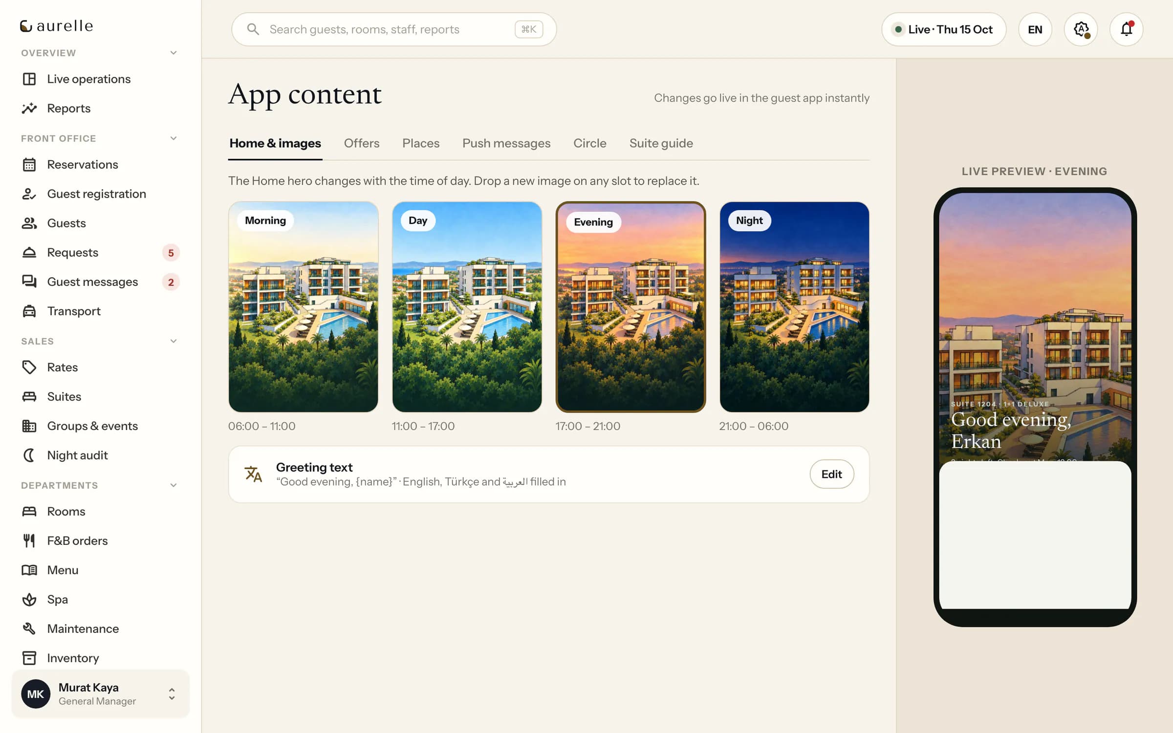 Command center app content: the guest app’s home images by time of day with a live preview.