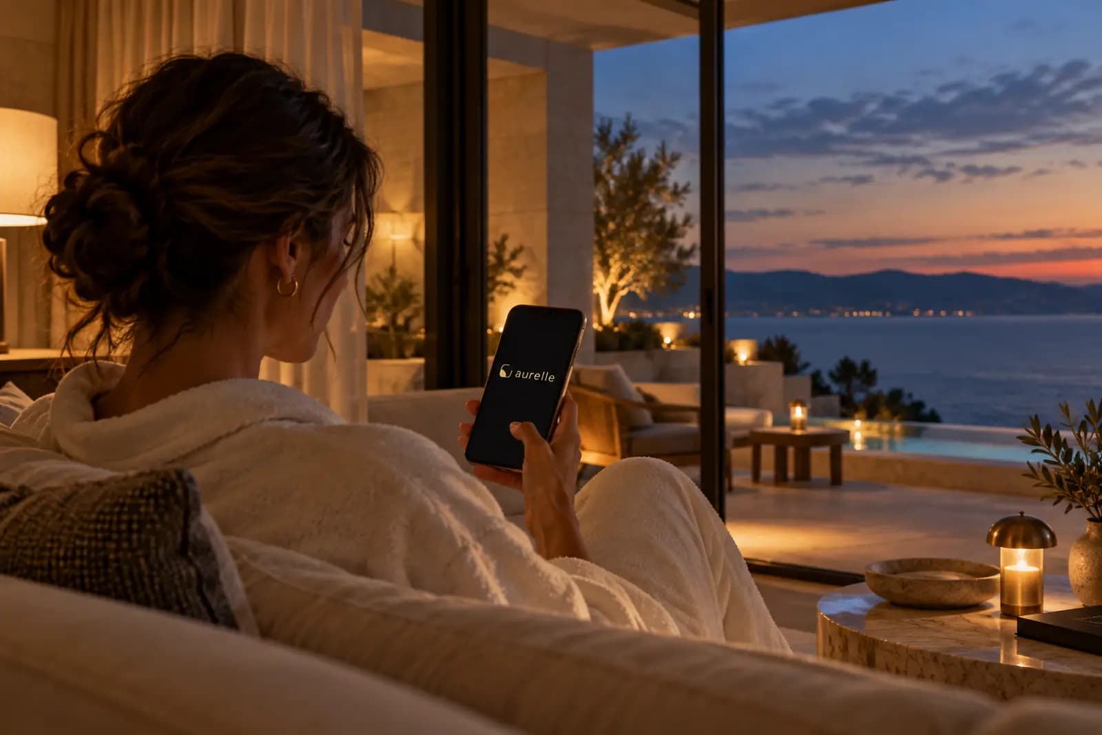 Süitteki kanepede telefonuyla bir misafir; pencerenin ardında deniz.