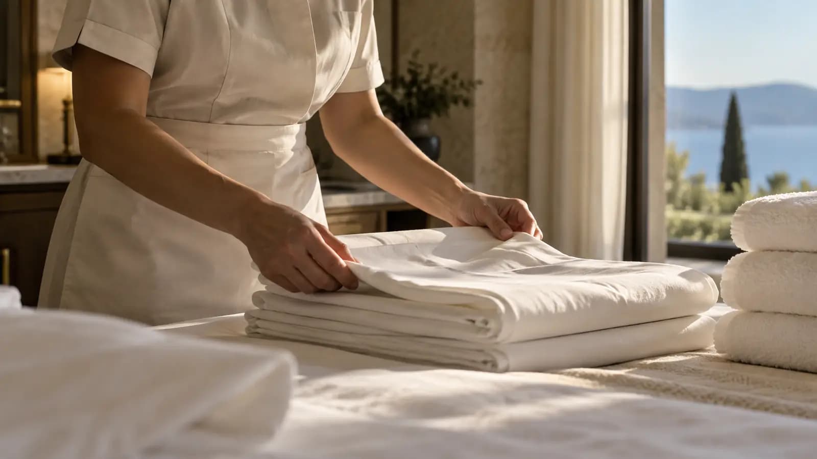 Housekeeping hands folding white linen by a sunlit window.