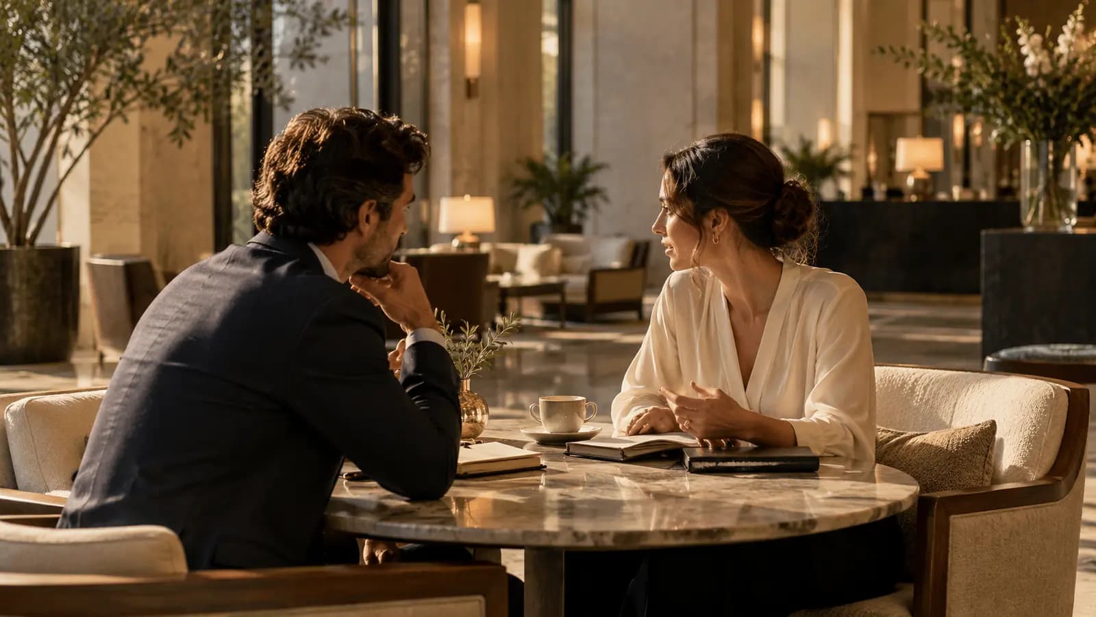 Two people talking over coffee at a table in a warm hotel lobby.