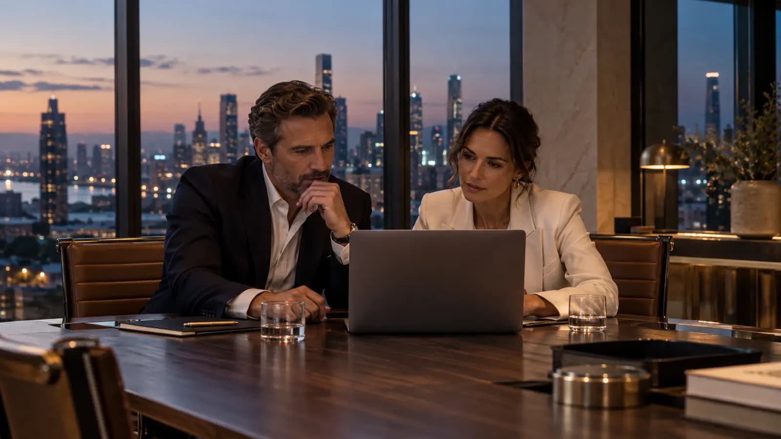 Two owners reviewing a laptop in an office above a city skyline at dusk.