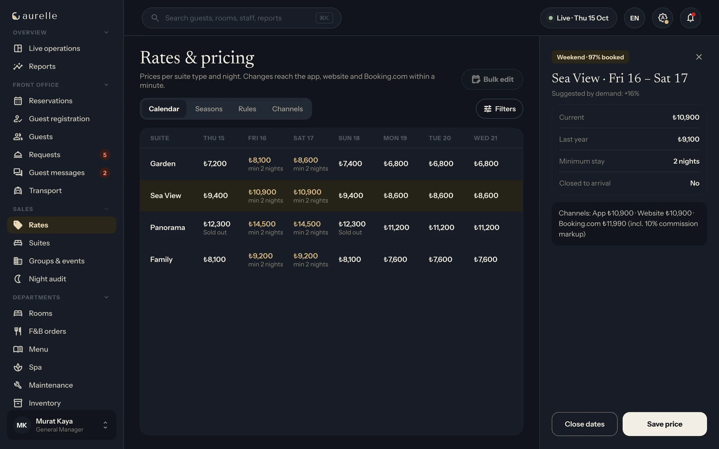 Command center rates calendar by suite type and night.