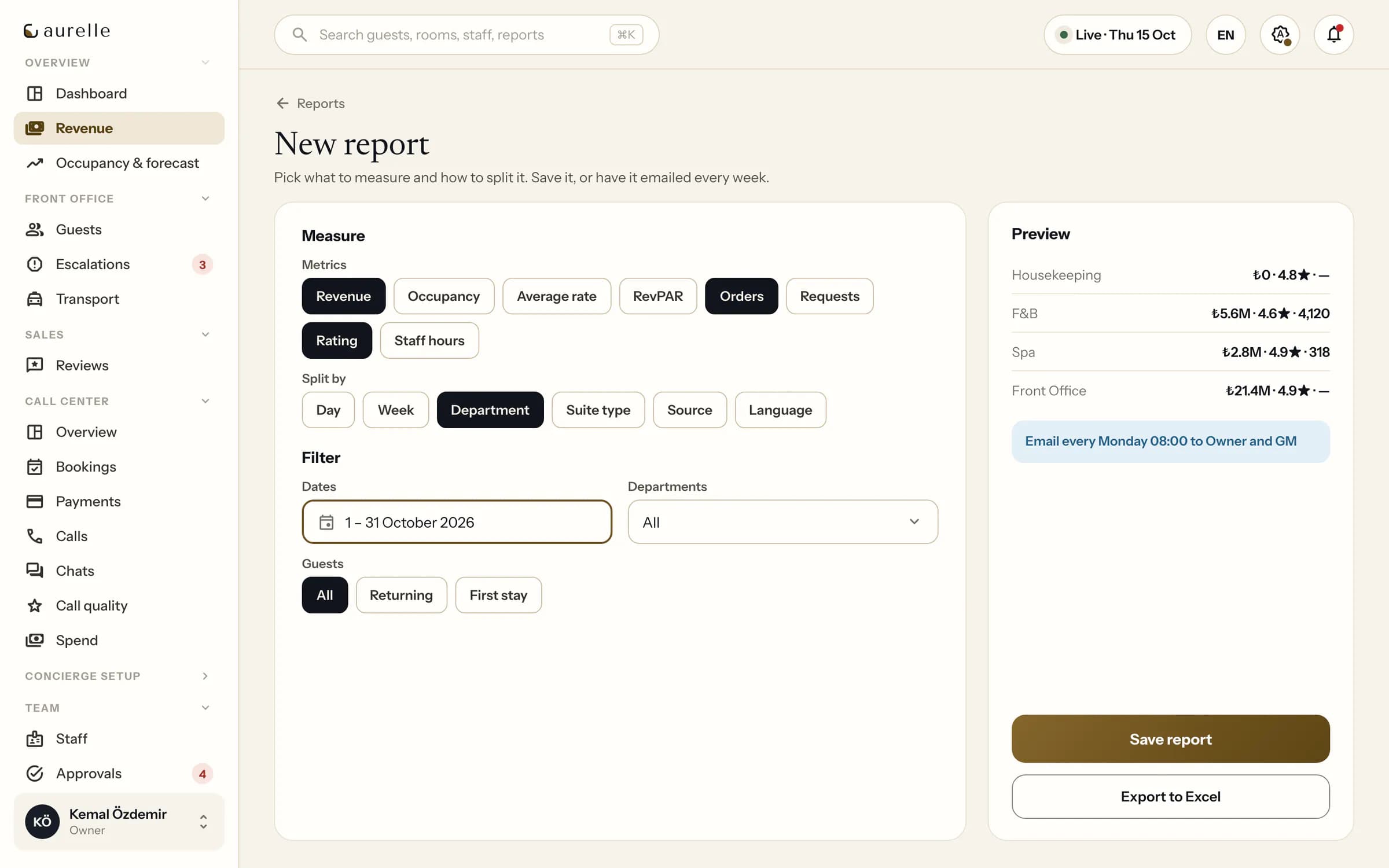 Command center report builder: choose measures, split and filters, preview and mail it weekly.
